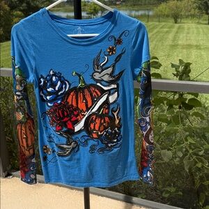 Blue sz small (3-5) Halloween pumpkin graphic Tattoo long Sleeve t Shirt nwot